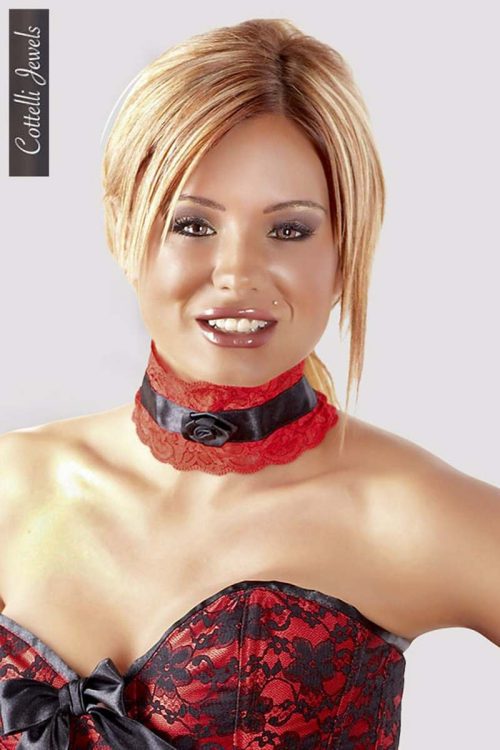 Collarino in pizzo rosso e satin nero con fiore