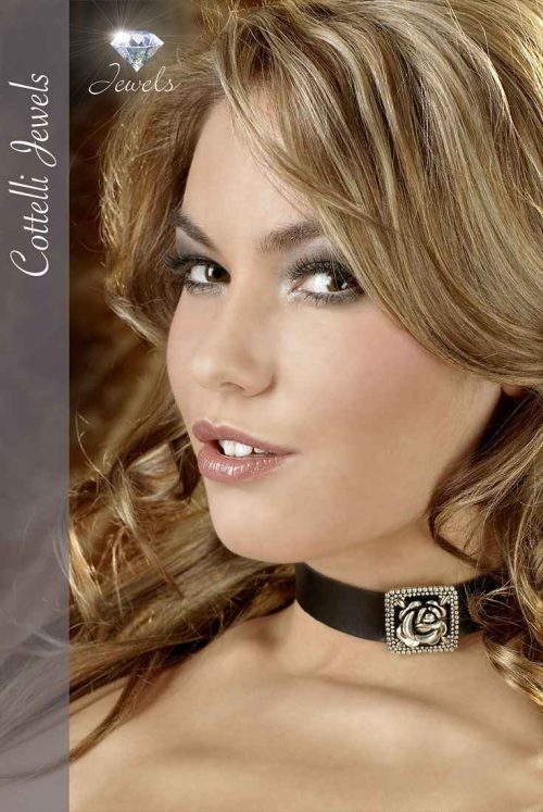 COLLARINO NERO IN SIMILPELLE CON ROSA IN METALLO