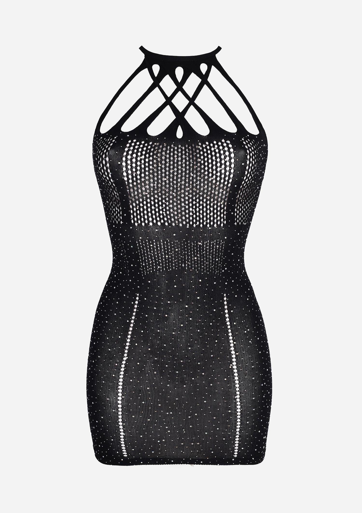 BEJONS Abito Donna In Rete Nera Con Strass E Catena – Top A Maniche Lunghe Scintillante Per Feste E Rave
